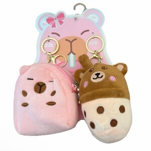 Set of 2 Plush Capybara and Bear Bubble tea Keychain Set - Pink and Brown